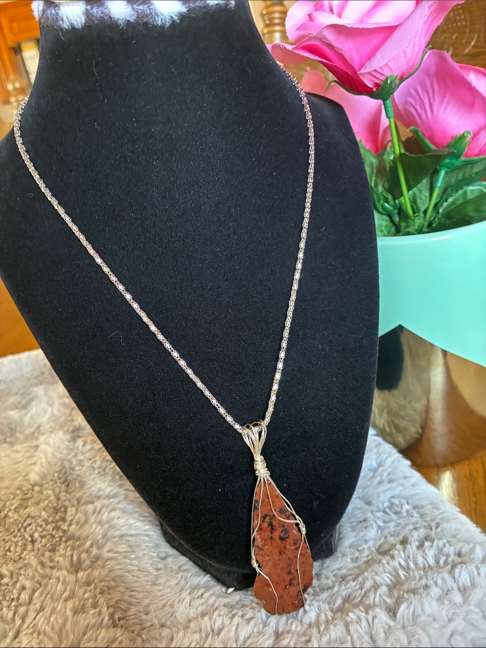 Gold Wire-Wrap Brown Jasper Pendant Necklace